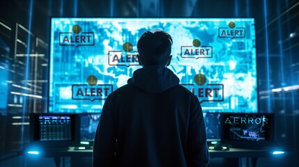A cybersecurity expert stand in front of a big glowing hologram screen with alert message. Data Breach. - obrazy, fototapety, plakaty