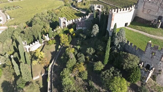 Soave Scaliger Castle Is Surrounded By Lush Vegetation In Verona, North Italy. Aerial Drone Shot