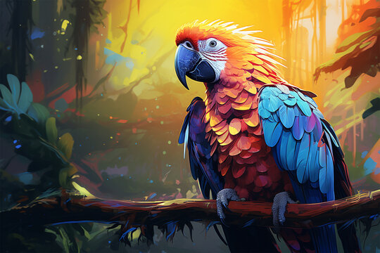painting style landscape background, a parrot in the forest