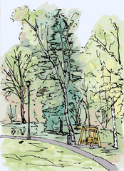Landscape with a European park in spring, walking droshky, swing under a spruce and budding leaves such as aspen, linden, birch. Watercolor drawing and black outline
