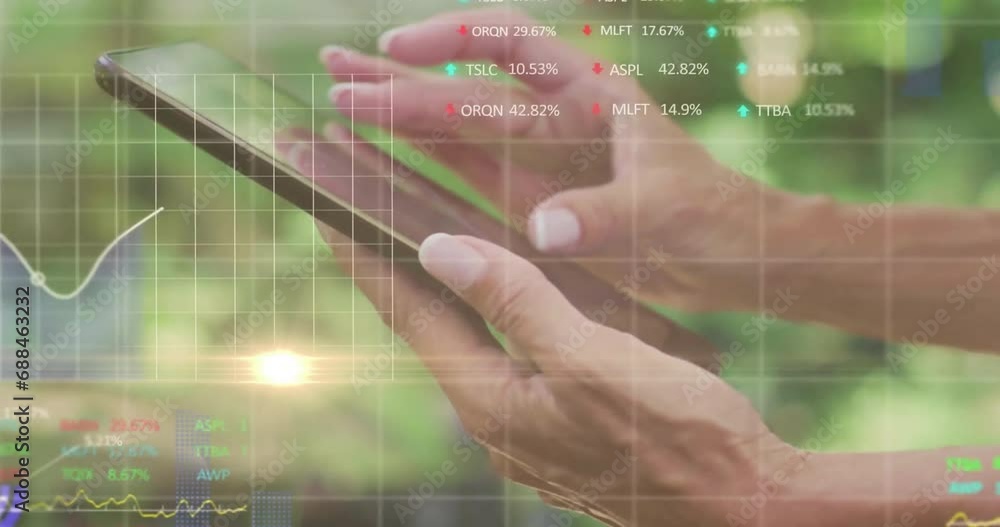 Aufkleber Animation of financial data processing over caucasian woman using tablet and grid
