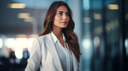 Obraz premium a businesswoman in a white suit posing for a picture in the office