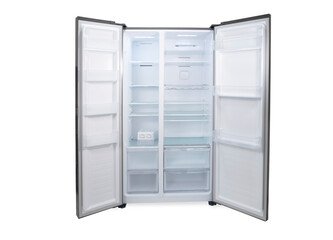 Empty refrigerator with open door Inside an empty, clean refrigerator, a refrigerator compartment after defrosting isolated over white