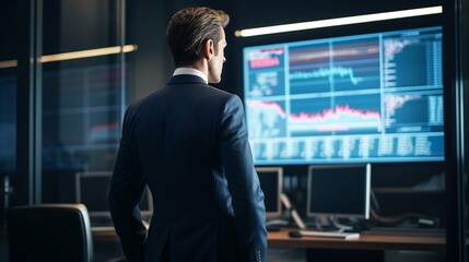 a man in a suit looking at a computer screen with graph and chart for business data analysis.