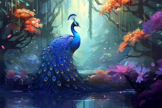 painting style landscape background, a peacock in the forest