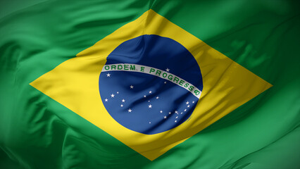 Close-up view of Brazil national flag fluttering in the wind.