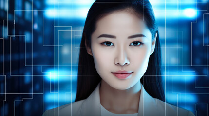 Asian woman merged with advanced technology