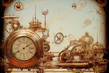 temps le remonter machine la time gear clock dial machinery parchment paper background nostalgia retro watch aged matter ancient vintage travel texture butterfly - obrazy, fototapety, plakaty