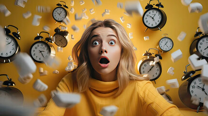A young girl with a surprised expression, alarm clocks around - obrazy, fototapety, plakaty