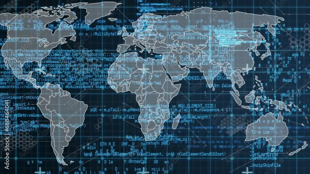 Poster animation of data processing over world map and grid