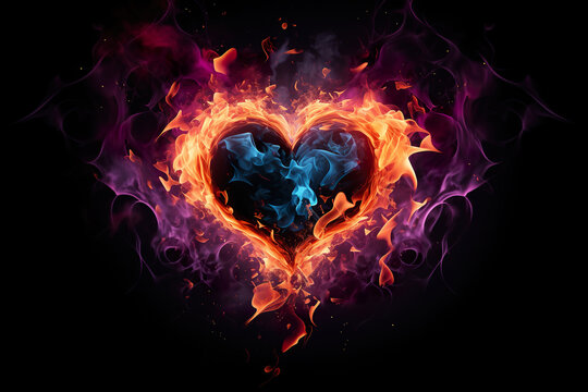 Blazing heart, love and passion concept. Neon colored, isolated on black background