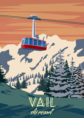 Vail Ski Travel resort poster vintage. Colorado USA winter landscape travel card