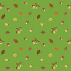 Oak and fall leaves, acorns and fly agaric on a green background, fall. Vector pattern