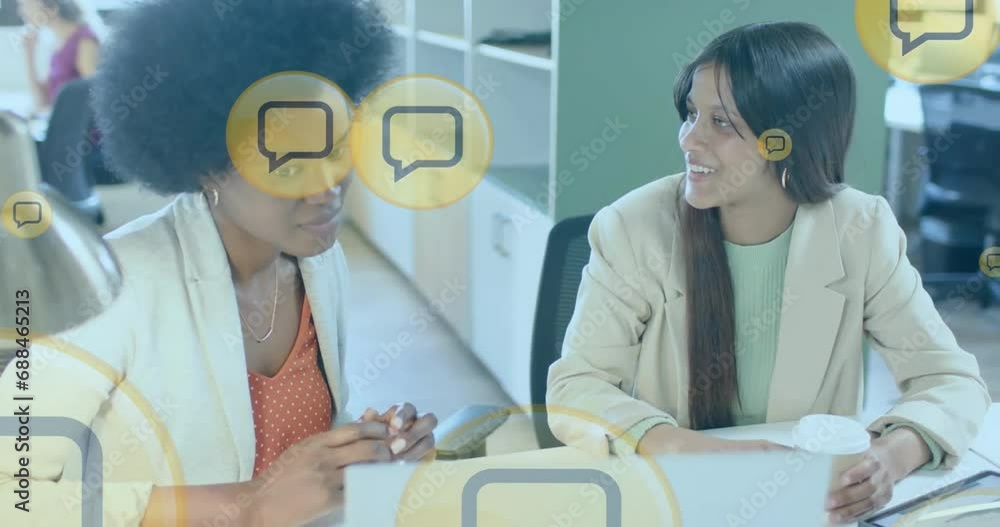 Poster animation of message icons data processing over diverse business people in office