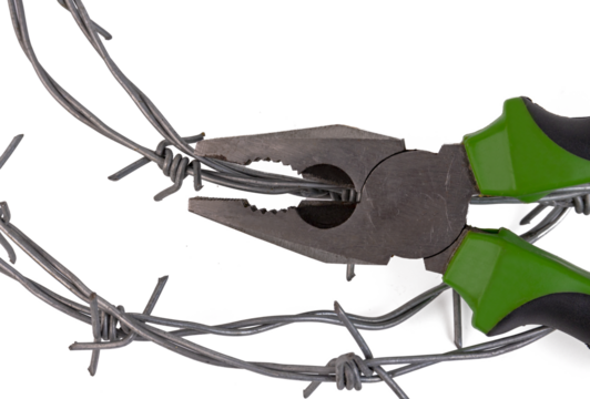 Pliers, pincers bite barbed wire. Transparent background. PNG