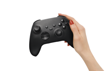 Female hand hold a gamepad on transparent background PNG