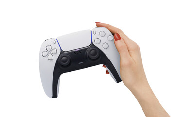 Female hand hold a gamepad on transparent background PNG