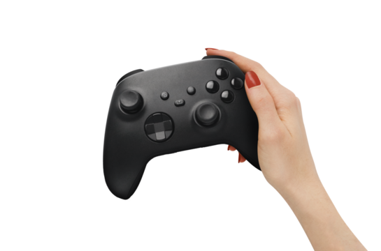 Female hand hold a gamepad on transparent background PNG