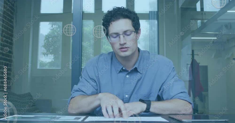 Poster animation of globe icons and data processing over caucasian businessman in office