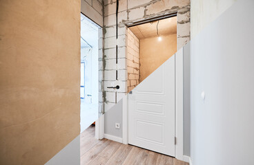 Old apartment with brick walls and new renovated flat doors, room and elegant interior design....