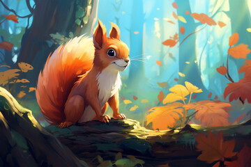 painting style landscape background, a squirrel in the forest