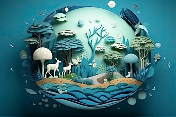 Paper Art Earth with Trees and Animals in a Blue Environment - Celebrating World Earth Day and World Animal Day