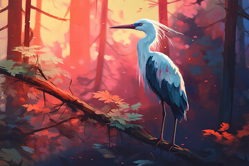 painting style landscape background, a stork in the forest - obrazy, fototapety, plakaty
