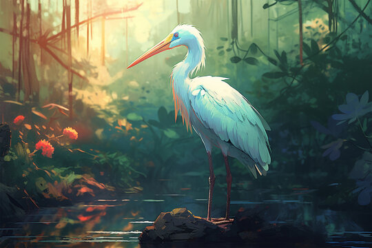 painting style landscape background, a stork in the forest