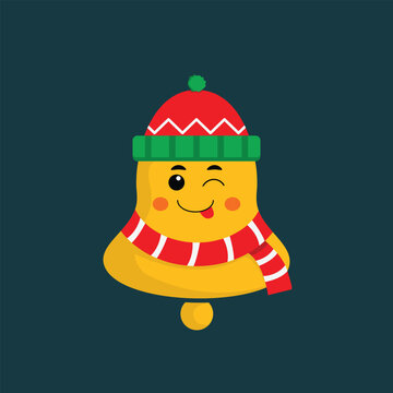 Vector image of a cute Christmas bell illustration. Yellow Christmas bells wearing a hat. Suitable for mascout and more