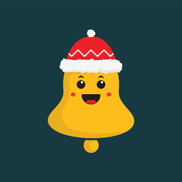 Vector image of a cute Christmas bell illustration. A yellow Christmas bell wearing a hat.
