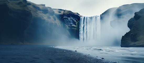 Scenic waterfall in front of a beautiful landscape, created with AI - obrazy, fototapety, plakaty
