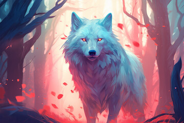 painting style landscape background, a wolf in the forest - obrazy, fototapety, plakaty