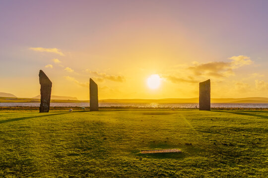 Sunset view of the Standing Stones of Stenness, Orkney Islands