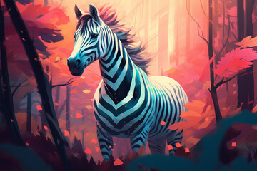 Fototapeta na wymiar painting style landscape background, a zebra in the forest