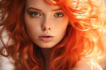 Fototapeta premium Young woman with freckles and fire red hair