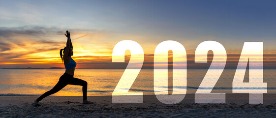 Happy new year card 2024. Silhouette lifestyle woman yoga practicing yoga standing as part of Number 2024 near the beach at sunset. Healthy and Holiday Concept - obrazy, fototapety, plakaty