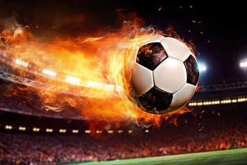 Fototapeta premium fiery soccer ball flying in a stadium full of spectators, night time