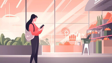 Women using smart phone while shopping in supermarket .Online shopping concept.Flat Vector Illustration.