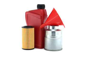 Oil filters motor oil canister and funnel on white