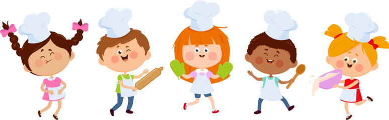 Children, boys and girls with cooking hats. Diverse group of children chefs with different hairstyles and skin colors holding cooking utensils. Vector illustration