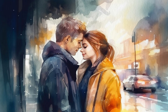 Happy young couple, guy and girl on city street, watercolor painting on textured paper. Digital watercolor painting