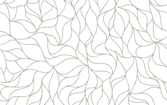 Curly waves tracery, curved lines, stylized abstract petals pattern. Seamless leaf background. Golden outline white texture. Organic wallpapers for printing on paper or fabric. Vector