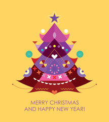 Abstract decorative flat style design isolated on yellow background Christmas Tree vector illustration.