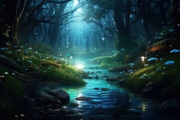 Obraz na płótnie Canvas Enchanting scene: a calm stream meanders through a fairytale forest, aglow with magical lights in the mystical night air.