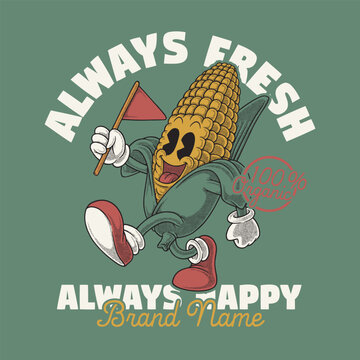 retro cartoon emblem of happy corn holding a flag