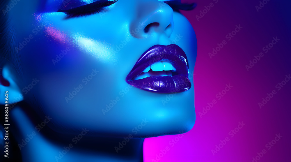 Wall mural Metallic silver lip and face woman in colorful bright neon uv blue and purple lights