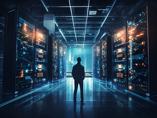 Network and cybersecurity of data center with engineer working in a server room computer