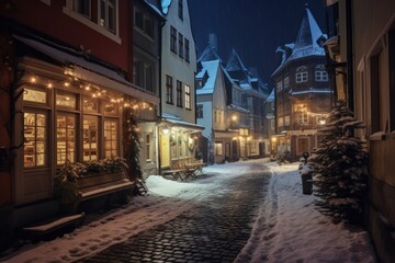 Old town street transformed into a winter wonderland with Christmas trees and glowing garlands. - obrazy, fototapety, plakaty