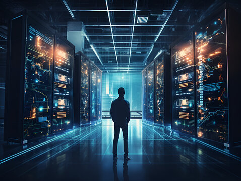 Network and cybersecurity of data center with engineer working in a server room computer