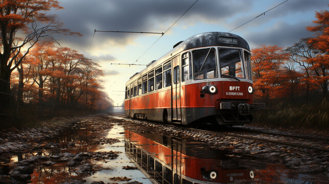 Oil Painting of Red Color Old Tram on Road Cityscape Background